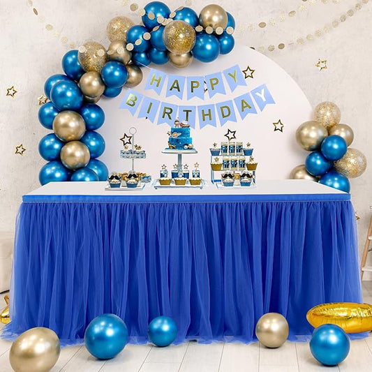Royal Blue Tulle Table Skirt for Rectangle Tables or Round Tables 14ft Tutu Table Cloth Cover for Baby Shower, Wedding Reception, Bridal Shower, Birthday Party, Graduation, Banquet Decorations