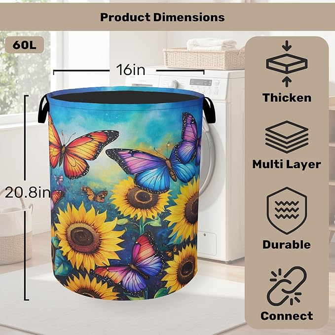 Butterfly Sunflower Laundry Basket - Heavy Duty 60L Dirty Clothes Organizer, Water Resistant Foldable Hamper for Men Women