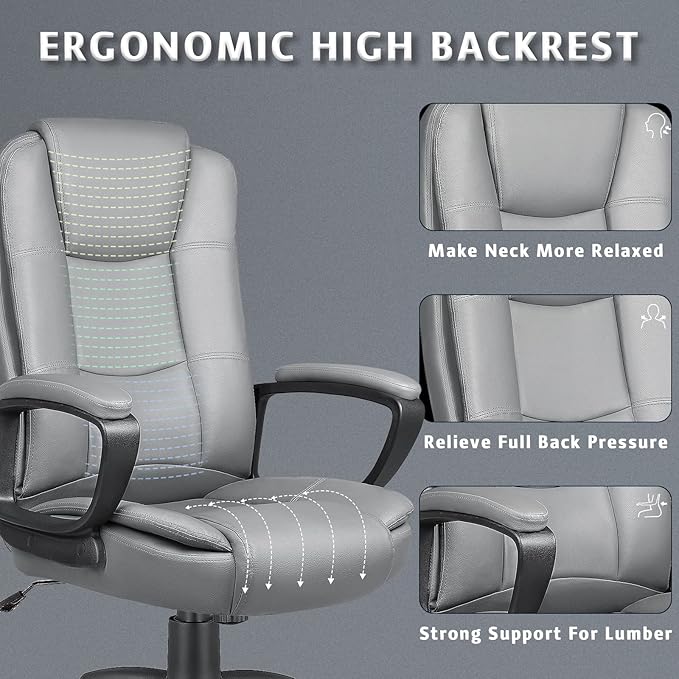 LEMBERI Office Desk Chair, Big and Tall Managerial Executive Chair, High Back Computer Chair, Ergonomic Adjustable Height PU Leather Chairs with Cushions Armrest for Long Time Sitting (Grey)