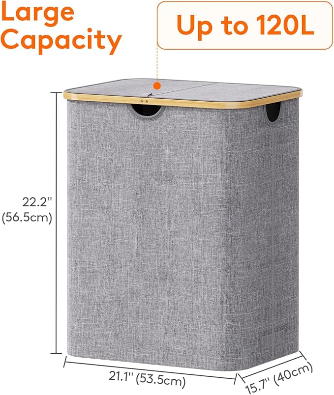 Lifewit 120L Laundry Basket with Lid, Clothes Hampers with Bamboo Handles and A Removable Bag, Large Foldable Laundry Hamper for Bedroom, Bathroom, Dorm, Light Gray