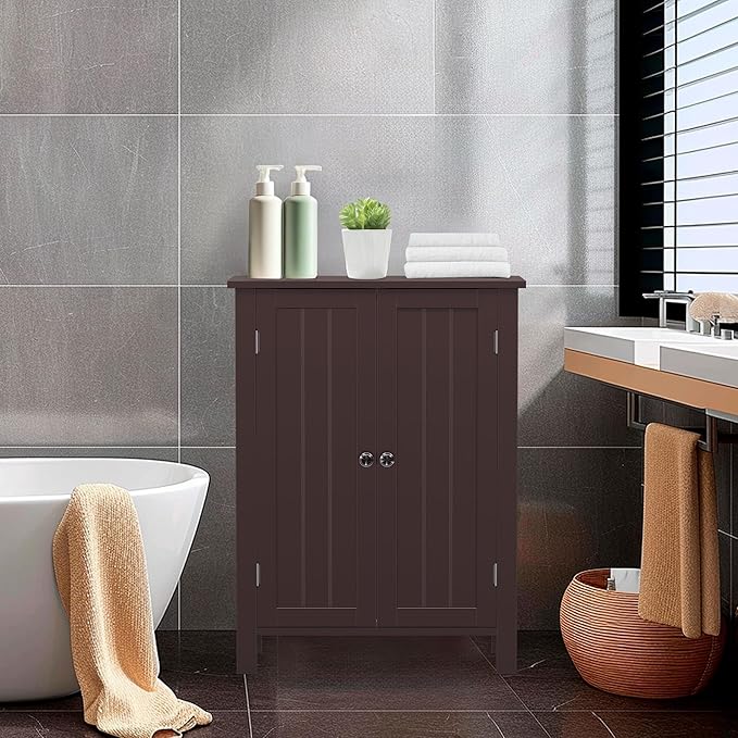 ZENY Bathroom Floor Storage Cabinet with Double Door + Adjustable Shelf, Wooden Organizer Cabinet for Living Room, Bathroom, Bedroom, Modern Home Furniture (Brown)
