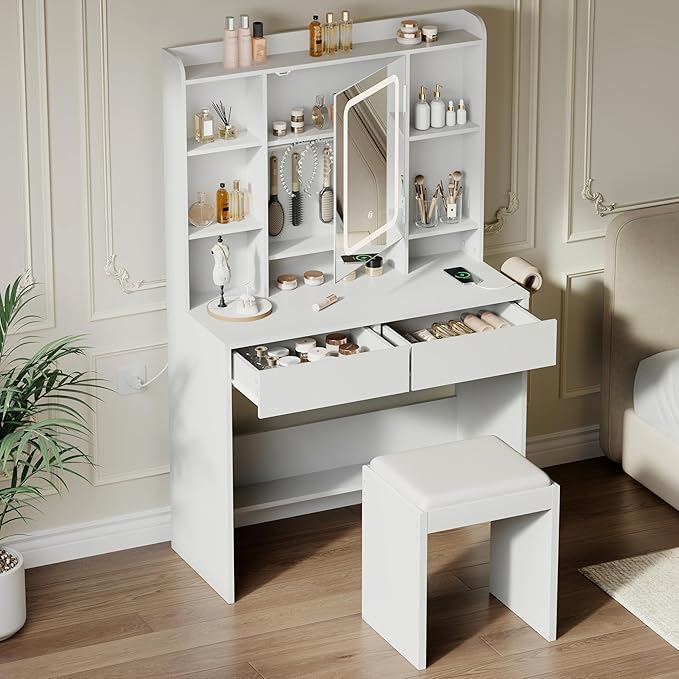 GarveeHome Vanity Desk with Mirror and Lights, for Bedroom, Includes Padded Stool, Easy to Assemble, Storage Drawers, USB Outlets, Hairdryer Holder, Adjustable LED Light with 3 Lighting Modes