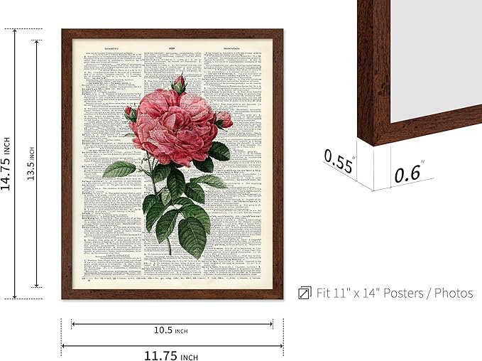 Poster Master Dictionary Art Poster - Pink Roses Print - Flower Art - Floral Art - Gift for Him, Her & Florist - Minimal Decor for Living Room, Bedroom, Dorm or Flower Shop, 11x14 Brown Framed