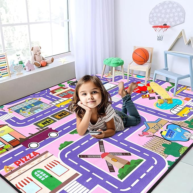 Car Rugs for Kids Toy Cars - Car Track Carpet for Boys Road Rug for Bedroom Road Map Carpet for Kids Toy Play Mat Farm, 3x5 Feet