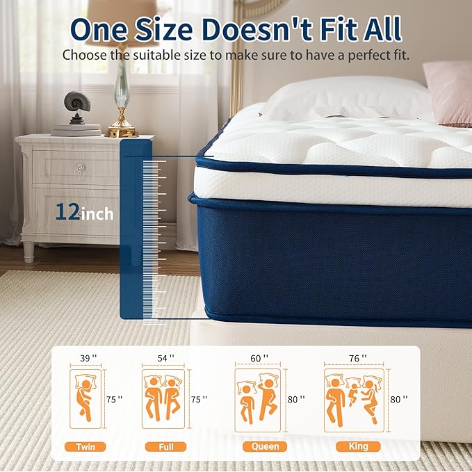 Full Size 12 Inch Gel Memory Foam Hybrid Mattress in a Box - 55x75 Inch, Pocket Springs & Medium Firm for Pressure Relief, Motion Isolation, 100 Nights Trial