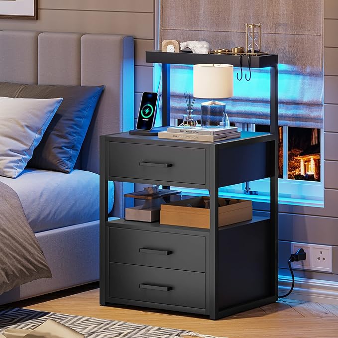 AOGLLATI Nightstand Set of 2 with Charging Station and LED Lights, Bedside Table with 3 Drawers and Open Storage Shelves, 2 USB Ports and 2 AC Outlets, LED Night Stand for Bedroom, 2 Pack, Black