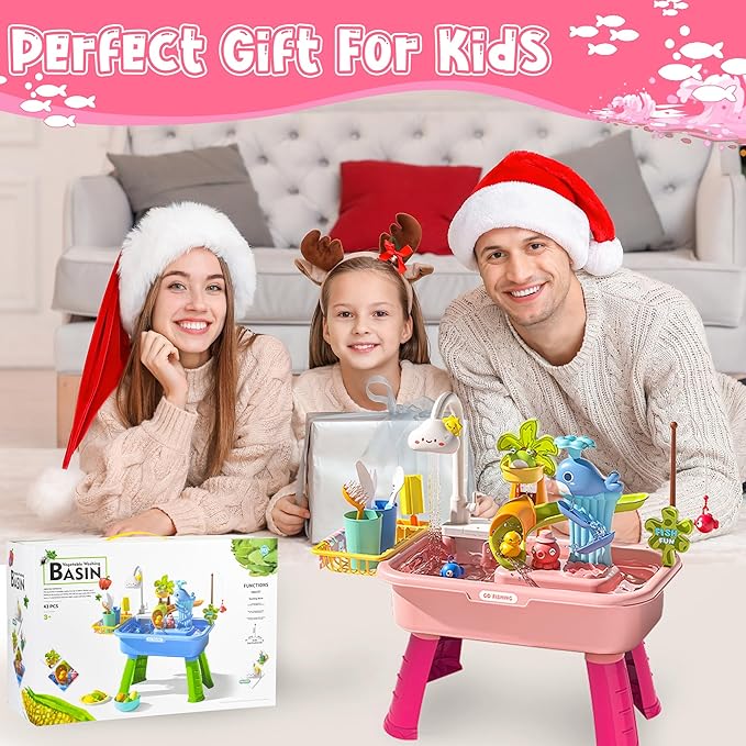 Water Table for Toddlers 1-3, Water Table for Kids Ages 4-8 with Pump, Play Sink with Running Water, Kitchen Sink for Toddlers, Fishing Game and Outside Sensory Toys (Pink)