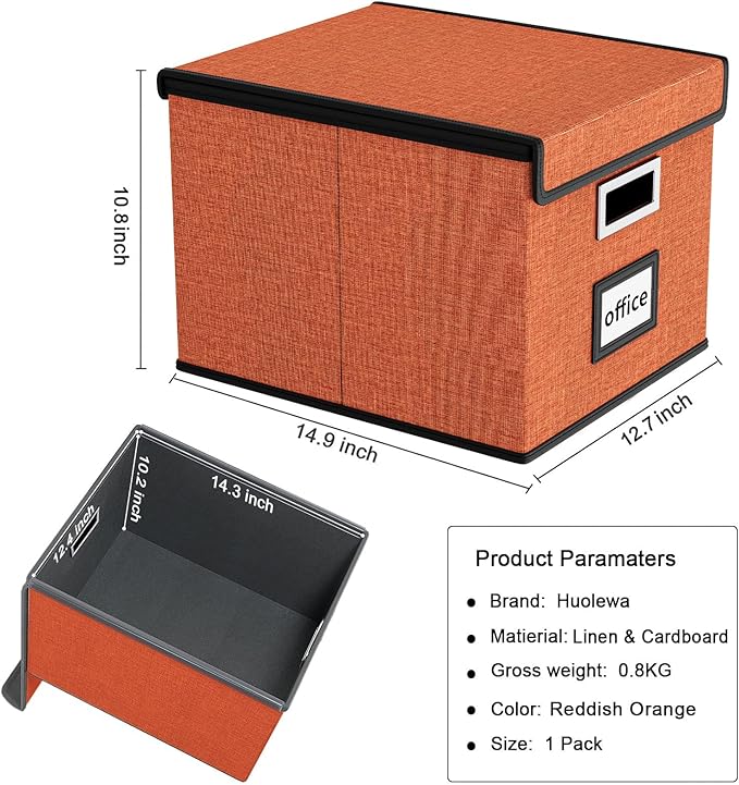 Huolewa Portable File Organizer Box with Lid, Large Linen Hanging Office Document Storage Box with Lid, Collapsible Filing&Storage Box for Office/Decor/Home - 14.9 x 12.7 x 10.8 inch