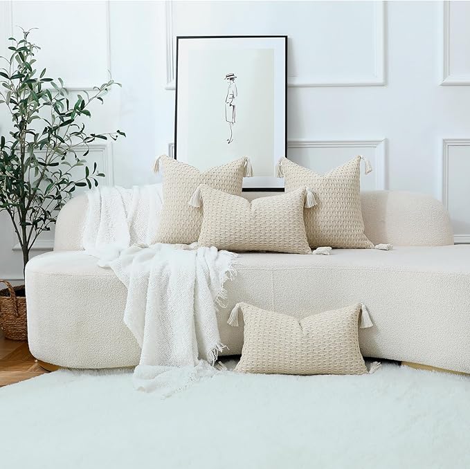 sykting Boho Outdoor Pillow Covers 18x18 Set of 2 Thick Woven Neutral Beige Throw Pillow Covers with Tassels for Couch Sofa Living Room