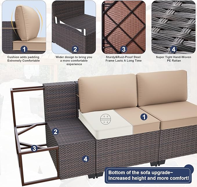 Kurapika 15 Pieces Patio Furniture Set, Rattan Wicker Outdoor Conversation Sets w/43in Propane Fire Pit Table and 4 Inch Cushion(Sand)
