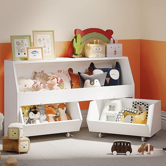 Toy Storage and Organizer for Kid, Large Toy Bin Bookcase Toy Cabinet with Two Moveable Drawers, Children Toddler Storage Carbinet with Wheels for Playroom, Bedroom, Nursery