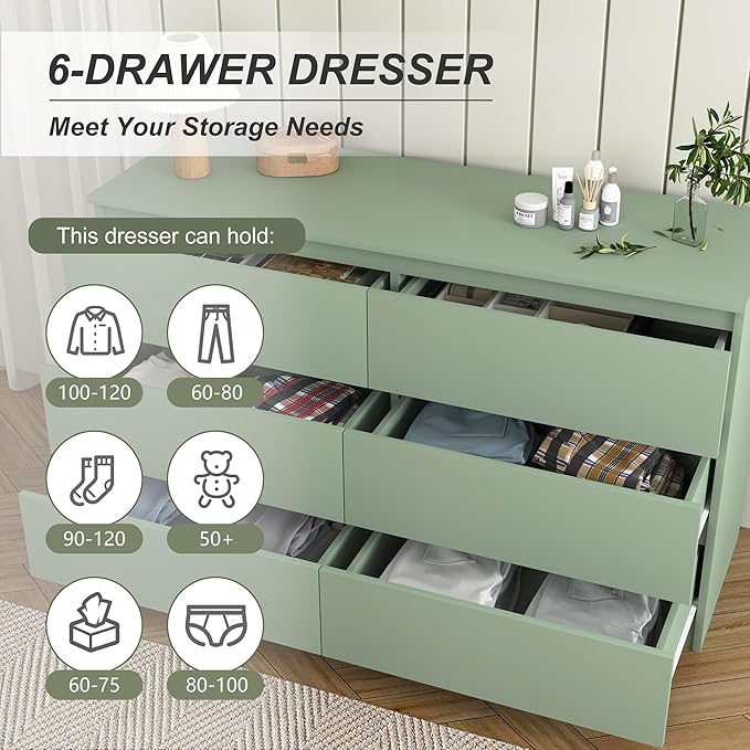 Green Dresser for Bedroom, Modern Large 6 Drawer Dresser with Deep Drawer,Wide Storage Chest of Drawers,TV Stand for Living Room