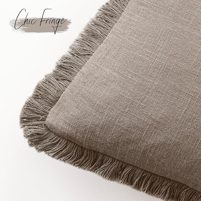 Foindtower Set of 2 Decorative Linen Fringe Throw Pillow Covers Boho Farmhouse Cushion Cover with Tassels Soft Accent Pillowcase for Couch Chair Sofa Bed Living Room Home Decor,24×24 Inch,Brown Tan