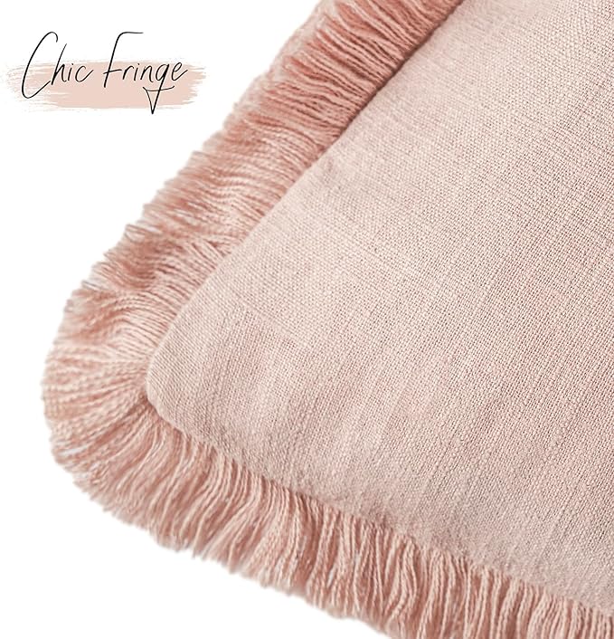 Foindtower Set of 2 Decorative Linen Fringe Throw Pillow Covers Farmhouse Cushion Cover with Tassels Lumbar Accent Pillowcase for Bed Couch Sofa Living Room Home Bedroom Decor,12×24 Inch,Light Pink