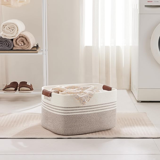 Laundry basket with leather handles for clothes,blankets,pillows,toys,towels,suitable for bedrooms and living rooms,cotton woven laundry hamper,extra large gift basket,18"x14"x11",Brown