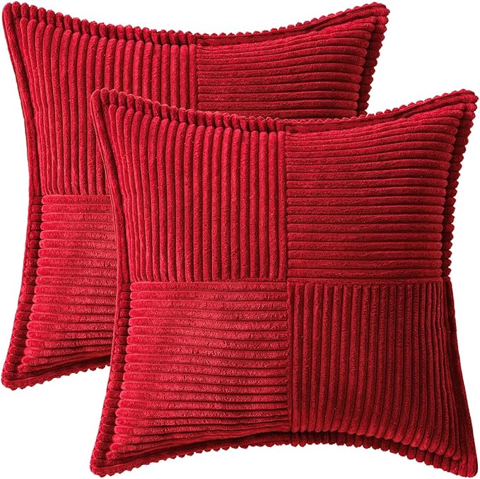 MIULEE Christmas Decorative Throw Pillow Covers for Couch Bed Livingroom 20x20 Inch Set of 2 Red Boho Accent Throw Pllows Broadside Striped Patchwork Soft Corduroy Pillowcases