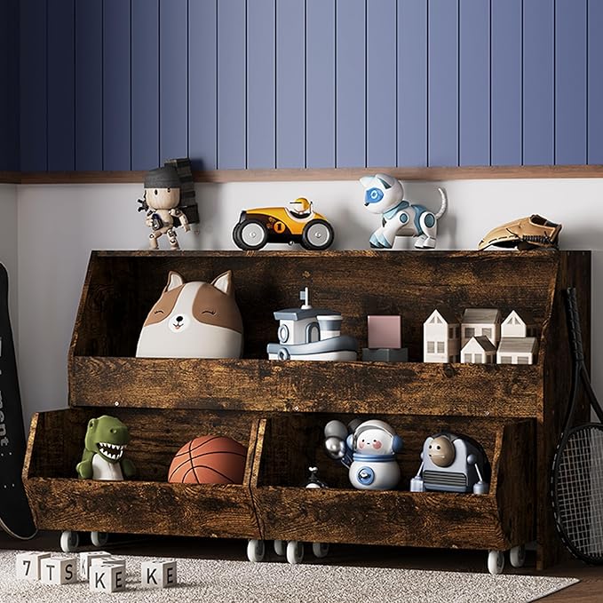 Toy Storage and Organizer for Kid, Boys and Girls Muti-Functional Bookcase and Storage Bin with Moveable Drawers, Children Toddler Storage Carbinet Retro Brown