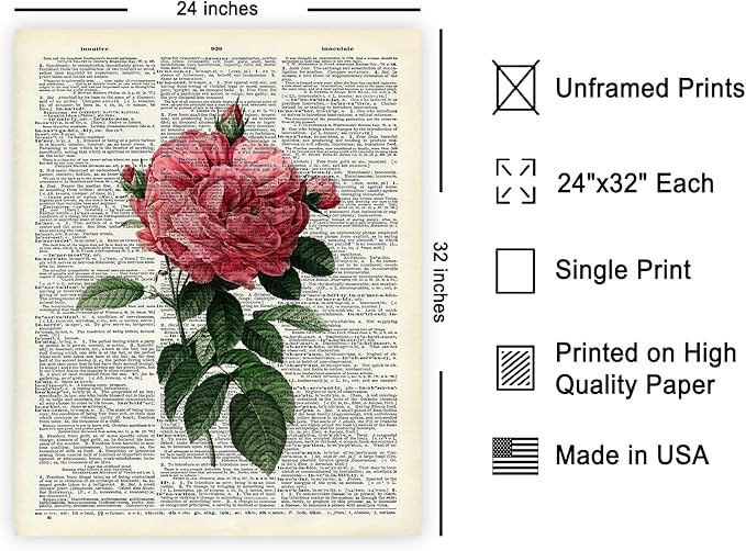 Poster Master Dictionary Art Poster - Pink Roses Print - Flower Art - Floral Art - Gift for Him, Her & Florist - Minimal Decor for Living Room, Bedroom, Dorm or Flower Shop, 24x32 Unframed Wall Art