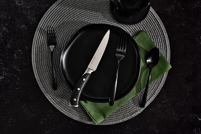 8-Piece Serrated Kitchen Steak Knife Set – Forged High Carbon Stainless Steel, Ultra Sharp, Ergonomic Black Handles, Durable Dinner Knives, Black Handle