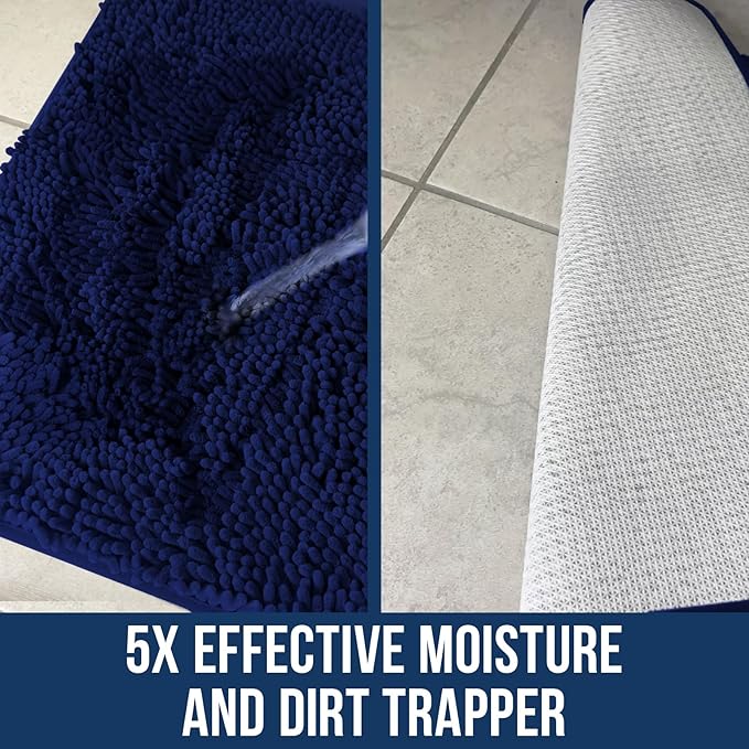 Muddy Mat Chenille Bathroom Rugs Quick Dry Microfiber Mats Non Slip Washable, Extra Thick, Soft and Highly Absorbent Bath Mats for Bathroom, Kitchen, and Shower Floor - Navy Blue Runner 59"X24"