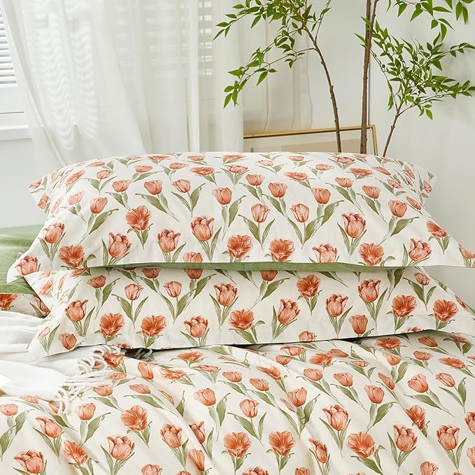 SAPHREAS King Size Red Tulips Floral Duvet Cover Set 3pcs Garden Style Green Leaves Soft Cozy Bedding Comforter Cover Set 100% Cotton 1 Duvet Cover 104"x90" 2 Pillow Shams, Comforter Not Included