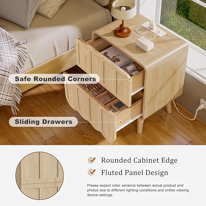 LYNCOHOME Nightstand with Charging Station, 18.9 inch Wide End Table with 2 Drawers, Modern Wood Bedside Table Mid Century Modern Night Stand for Bedroom (Natural)