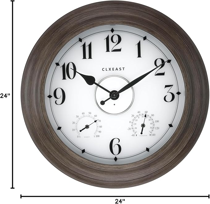 CLXEAST 24 Inch LED Illuminated Outdoor Clocks Waterproof with Thermometer & Hygrometer, Large Lighted Metal Wall Clock with Smart Night Light Sensor,Grey Oak Finish,House Warming Gifts New Home