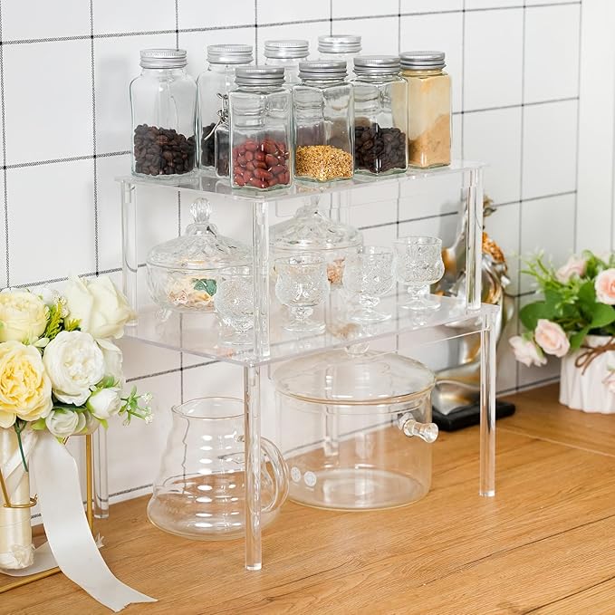 Acrylic Cabinet Organizer Shelf-4 Pack,Stackable Spice Rack Organizer for Cabinet,Clear Shelves for Kitchen Organizers and Storage