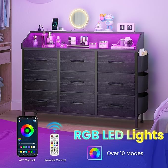 Lulive Black Dresser for Bedroom with LED Light and Power Outlets, 2-Tier Shelf Fabric Chests of Drawers for Closet, Entryway