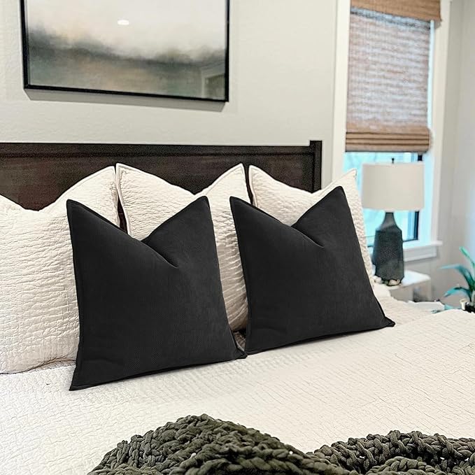 ZWJD Black Pillow Covers 20x20 Set of 2 Chenille Throw Pillow Covers with Elegant Design Soft and Luxurious Decorative Throw Pillows for Couch, Bed, and Home Decor