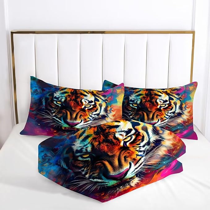 Tiger Print Bedding Set Queen for Kids Boys Tie Dye 3D Animal Print Bedding Comforter Cover Wildlife Tiger Theme Bedding Set Microfiber 3 Pcs with 1 Comforter and 2 Pillowcases