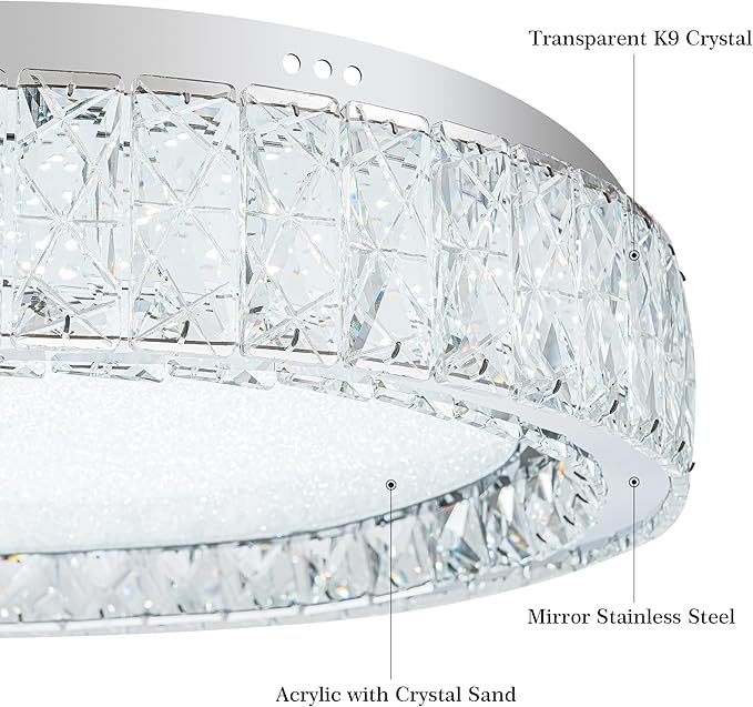 LamQee Crystal Flush Mount Ceiling Light Fixture, Dimmable LED Modern Close to Ceiling Light, Hallway Light Fixtures Round Chandelier for Bedroom Kitchen Bathroom Dining Living Room, Large, 21.65 inch