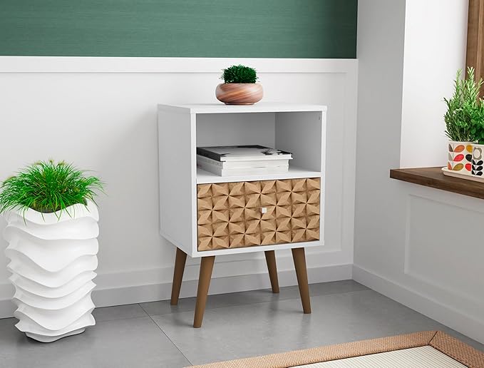 Manhattan Comfort Liberty Mid Century Modern Nightstand with Drawer and Cubby, Bedside Table for Bedroom and Living Room, Night Stand Accent Decor, Easy Assembly, White/Brown