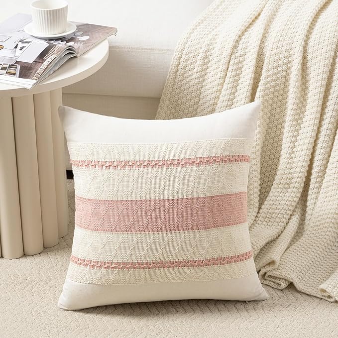 Fancy Homi Set of 2 Boho Pink Big Decorative Throw Pillow Cover 24x24 Inch for Couch Bed Bedroom, Aesthetic Modern Organic Farmhouse Room Decor, Soft Cotton Accent Macrame Woven Cushion Case