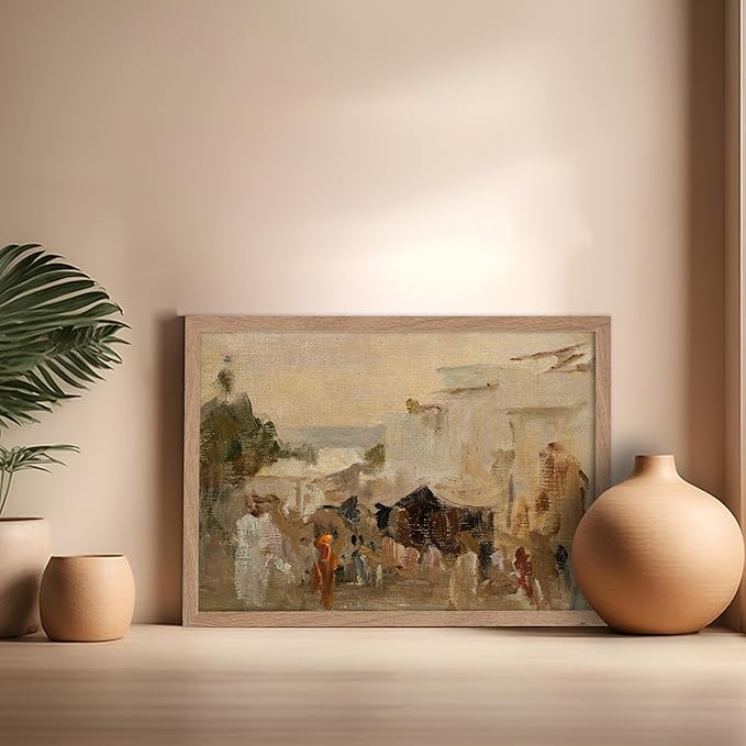 Poster Master Vintage The Bazaar Painting Poster - Retro Street in Udaipur Print - India Art - Cityscape Art - Farmhouse Art - Abstract Art - Office or Living Room Wall Decor, 16x20 Beige Framed