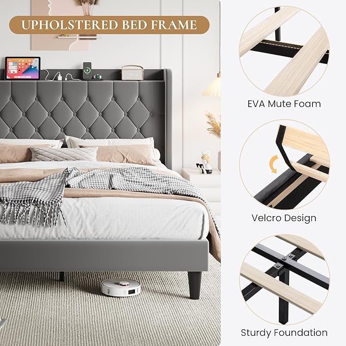 SHA CERLIN Full Size Platform Bed Frame with Charging Station, Velvet Wingback Headboard with Storage Shelf, Wooden Slats Support, Ample Under-Bed Space, No Box Spring Needed, Easy Assembly, Grey