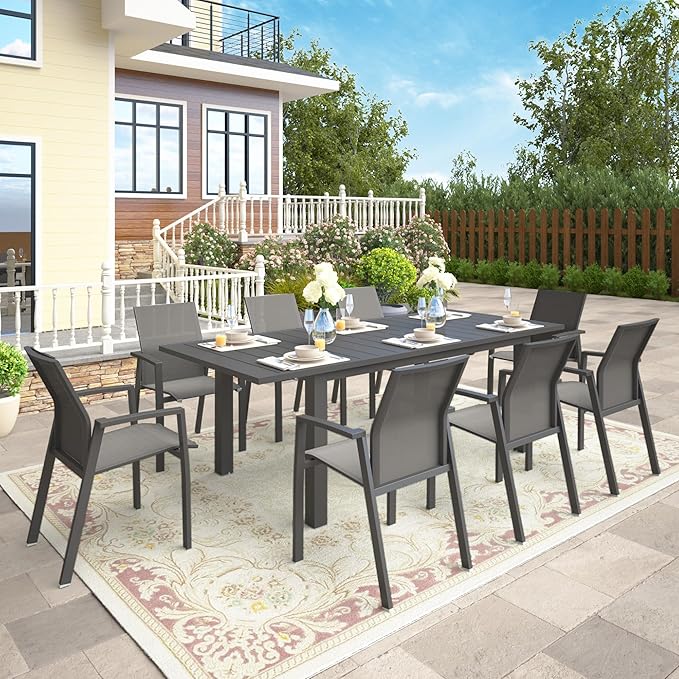 Wisteria Lane 9 Piece Aluminum Outdoor Patio Dining Sets with Fully Assembled Dining Chair，91.3" L×39.4" W Expandable Patio Table and Chairs Set for 8, Stackable Chairs with Quick Drying Fabric, Grey