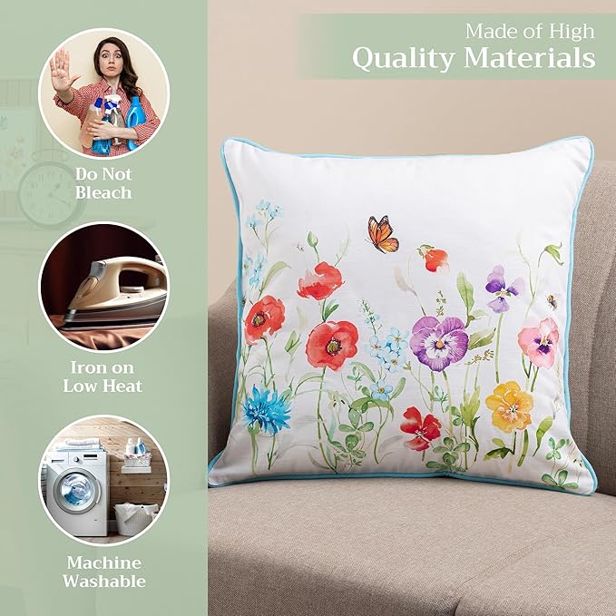 Maison d' Hermine Decorative Cushion Cover 100% Cotton 20"x20" Throw Couch Cover Washable Square Pillowcases with Invisible Zipper for Sofa, Couch, Bedroom, Summer Whisper