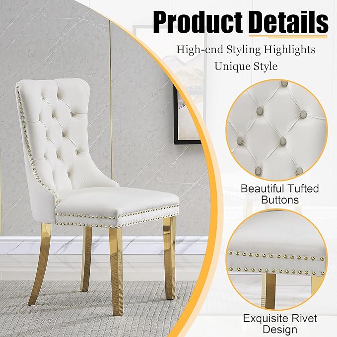 5 Piece Glass Dining Table Set, 35" Square Glass Kitchen Table with 4 White Velvet Upholstered Chairs, Gold Dining Table for 4 with Chairs Set for Kitchen, Living Room