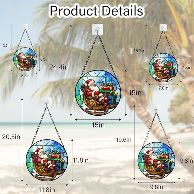 Stained Glass Window Hanging - Santa Claus Gift BoxSuncatcher for Doors Home Christmas Decoration Winter Sun Catcher Thanksgiving New Year Birthday Gift for Women Men Mom Nana 9.8 in