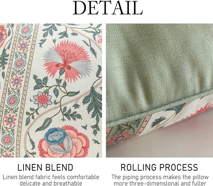 Design Square Retro Elegance Linen Throw Pillow Covers 18"x18" Pack of 2, Green Pink Floral Pattern Cushion Covers Decor Pillowcases for Bed,Living Room,Outdoor,Car