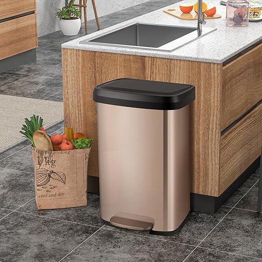 S AFSTAR 13.2 Gallon Step Trash Can, Stainless Steel Garbage Bin with Soft Close Lid & Deodorizer Compartment, Fingerprint-Proof Trash Bin, Step-On Trashcan for Home Office Kitchen, Rose (Golden)