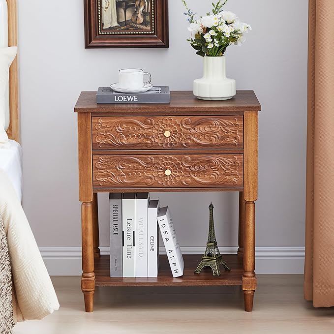 Nightstand, Farmhouse Bedside Table with 2 Drawers and Open Shelf, Wood Sofa Side Table End Table Accent Dresser for Bedroom, Living Room (with Shelf, Walnut)
