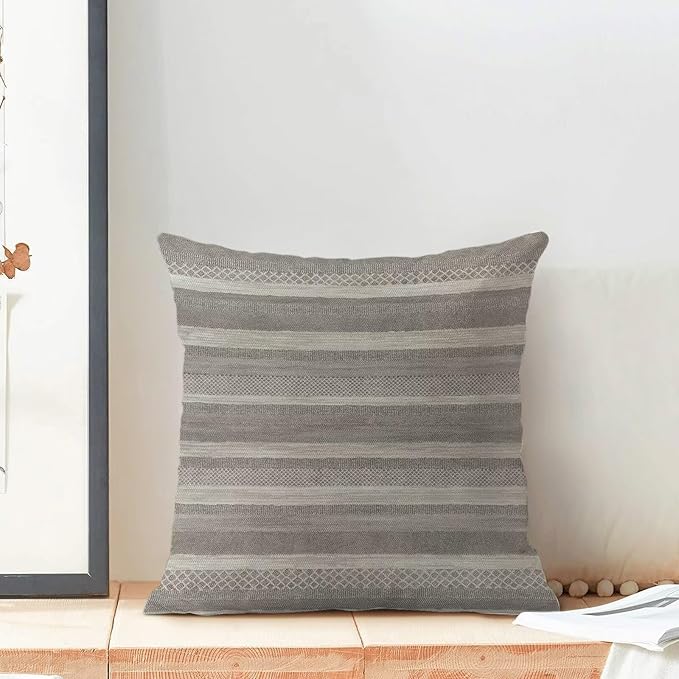 Boho Grey Stripe Throw Pillow Covers 18x18 Inch Set of 2, Rustic Abstract Decorative Throw Pillow Covers Retro Stripe Neutral Outdoor Cushion Cover for Sofa Couch Farmhouse Room Bed Decor