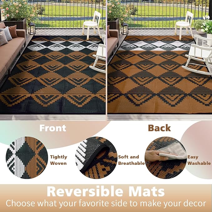 Beeiva Waterproof Outdoor Rug 9x12, Reversible Plastic Straw Outdoor Camping Rugs, Modern Geometric Foldable Patio Mat for Porch, Deck, Backyard, Balcony, Picnic - Black & Brown