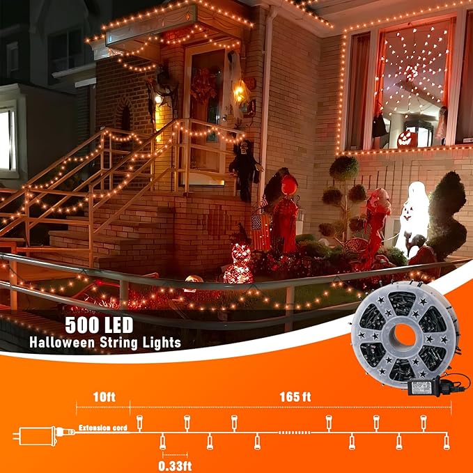 QITONG 165ft 500 LED Orange Lights for Halloween, Halloween Lights Outdoor Waterproof with 8 Modes, Green Wire Christmas String Light Plug in Indoor