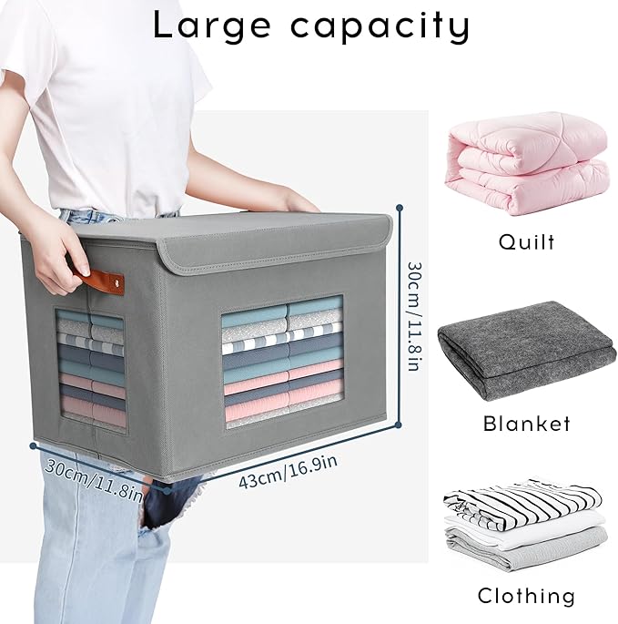 Storage Bins for Clothes, 40L Large Collapsible Stackable Closet Organizer Containers, Storage Boxes with Lids,Storage Cube Basket, Clear Windows & PU Leather Handles, Pack of 3, 17x12x12 Inch