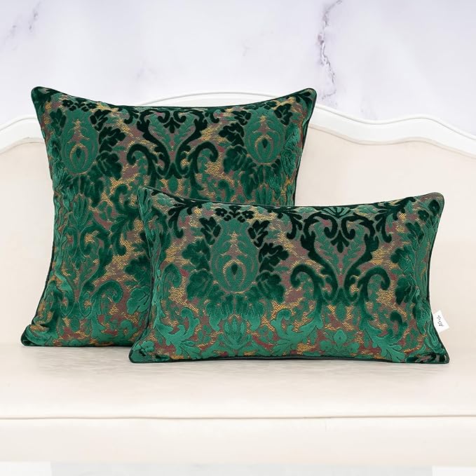 Alerfa Boho Green Floral Throw Pillow Cover 20x20 Inch Cut Velvet Sqaure Luxury Embroidered Decorative Pillow Cover for Couch Living Room Bedroom