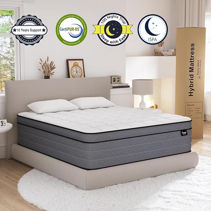 Queen Mattress 14 Inch - Hybrid Queen Size Mattresses with Gel Memory Foam- Deep Sleep Bed in a Box Pain Relief - Fiberglass Free&Medium Firm Feel