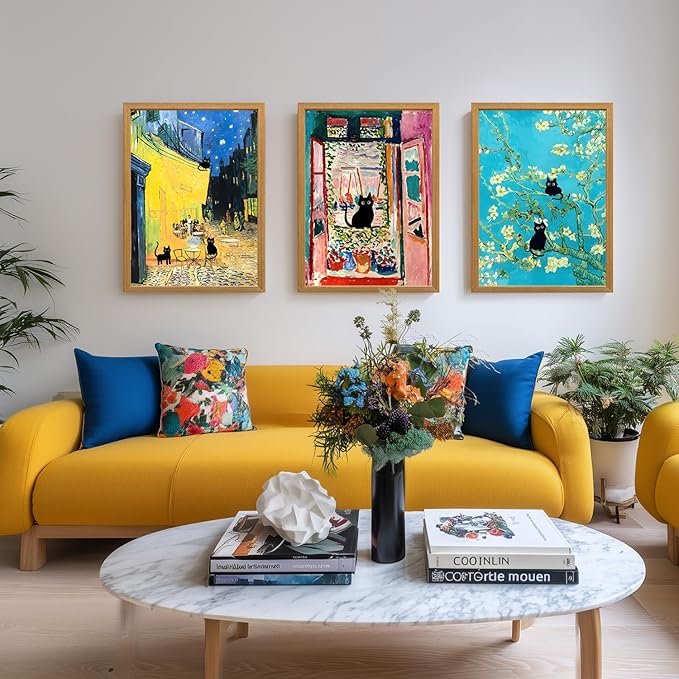 FASWQ Whimsical Black Cat Wall Art, Van Gogh Matisse Picasso Wall Decor, Funny Bathroom Canvas Paintings, Cute Animal Aesthetic Pictures for Living Room Kids' Room Wood Framed Ready to Hang 16"x24"x3